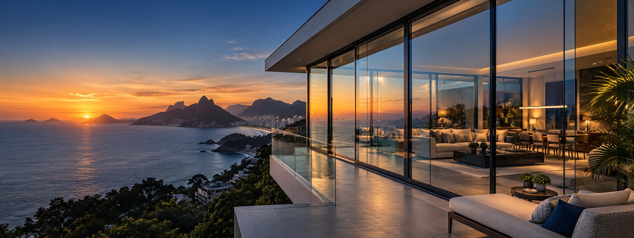 Casa contemporânea com grandes superfícies de vidro diante da paisagem do Rio de Janeiro
